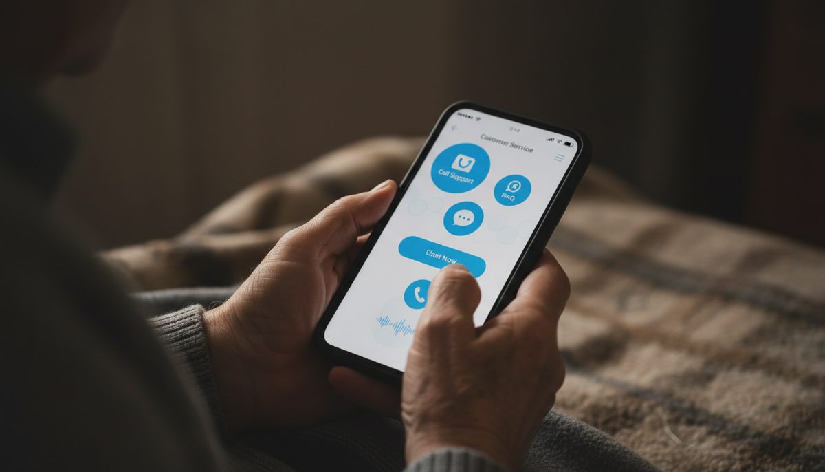 Elderly person holding a smartphone, a generic customer service app visible, illustrating a phone scam.