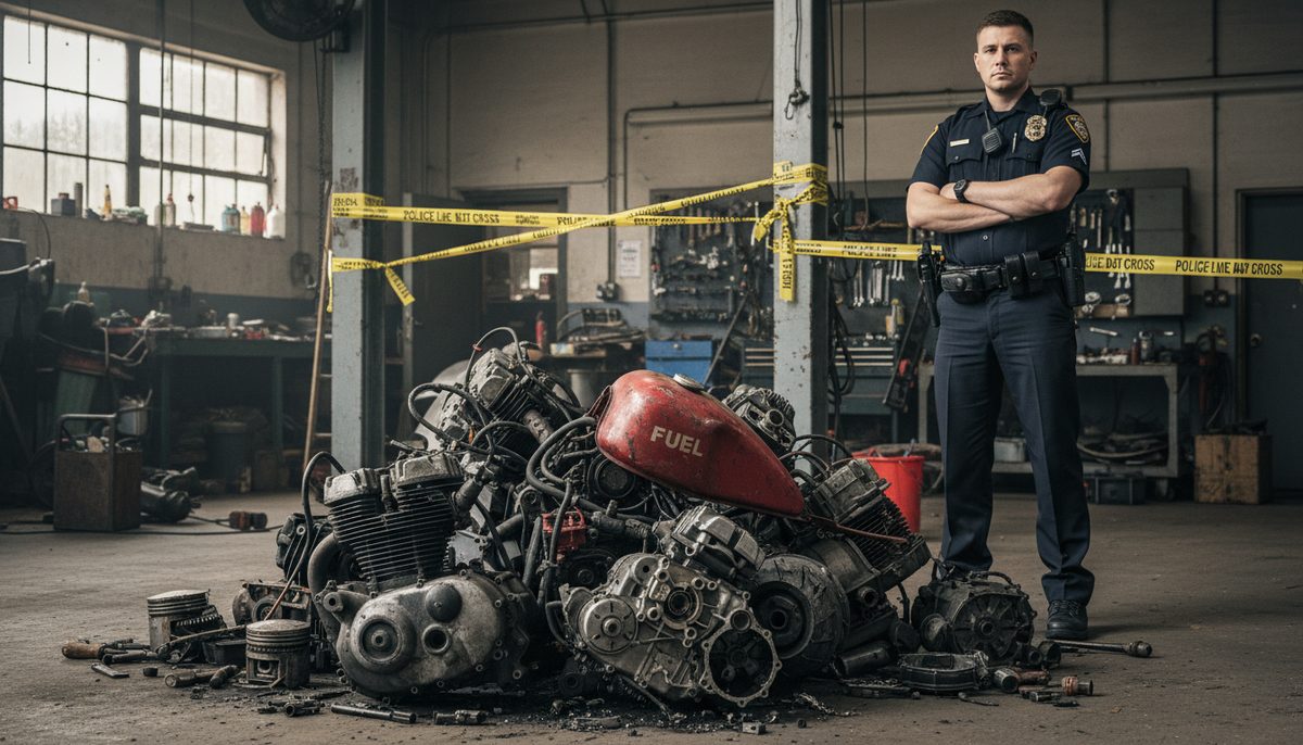 Police officer with recovered motorcycle engines and a petrol tank in a garage after a theft network bust.