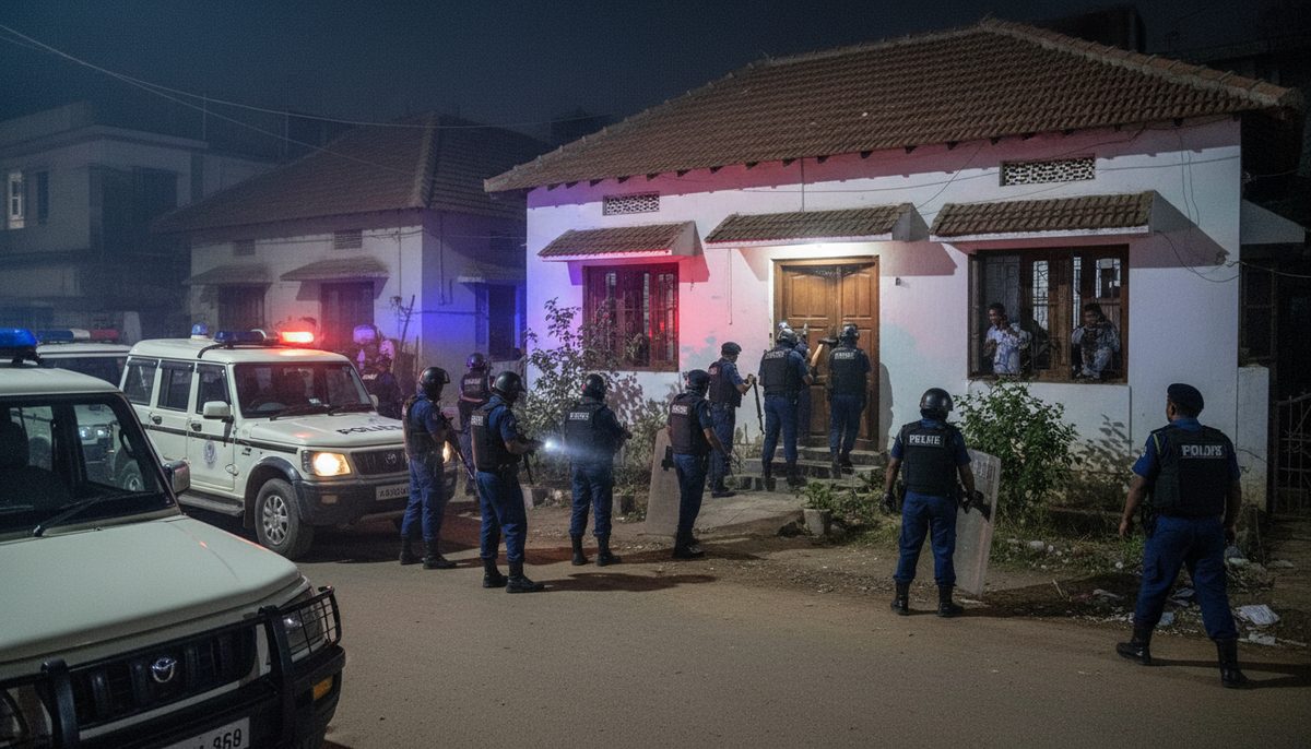 Police officers conducting a raid on a residential building at night, with flashing emergency lights visible.