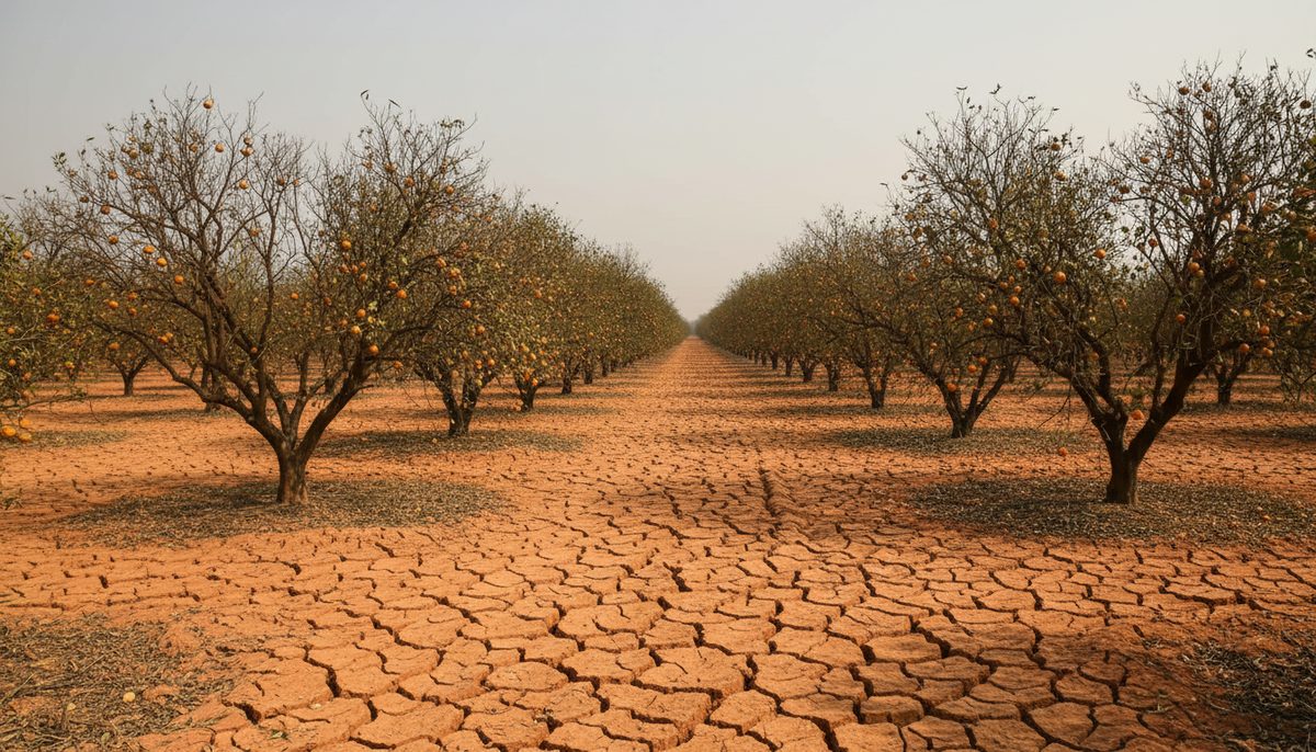 Dry, cracked earth and wilting orange trees in a Nagpur orchard, illustrating the severe drought conditions.