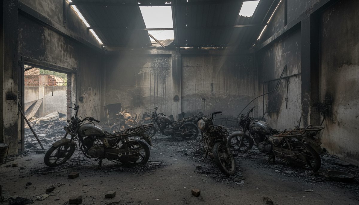 Charred remains of two-wheelers inside a fire-damaged garage in Nagpur, India, after an alleged arson incident.