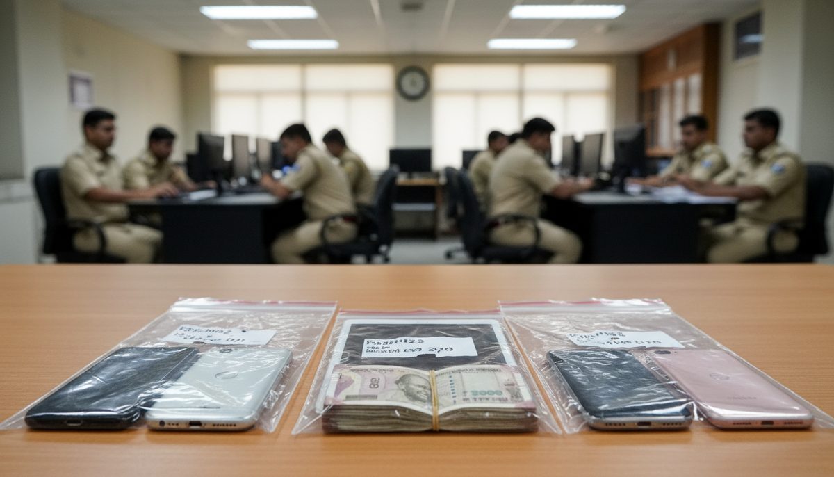 Police evidence bags with seized mobile phones, a tablet, and cash from a recent crime operation in Nagpur.