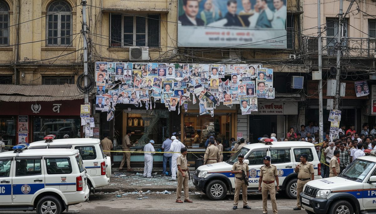 Police investigate a jewelry store robbery in Nagpur, with election posters visible in the background.
