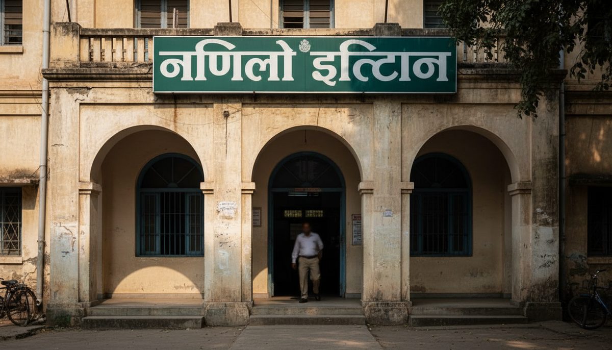 Nagpur police station entrance with a blurred figure, representing ongoing investigation into a medical admission fraud.