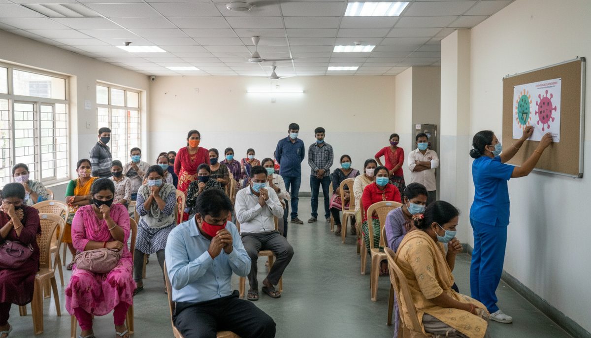 People in masks wait in a busy clinic in Nagpur, with a nurse and H1N1 prevention posters visible.