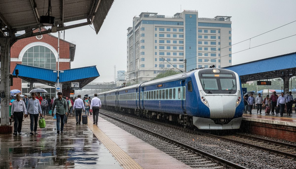 Nagpur railway station with a train, new hospital, and rain.