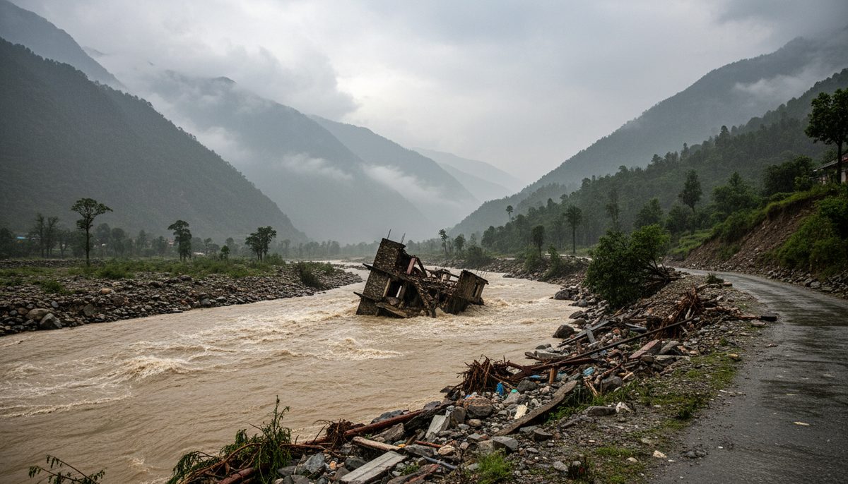 A collapsed building partially submerged in a swollen river in Nepal, with landslide debris on the banks and road.