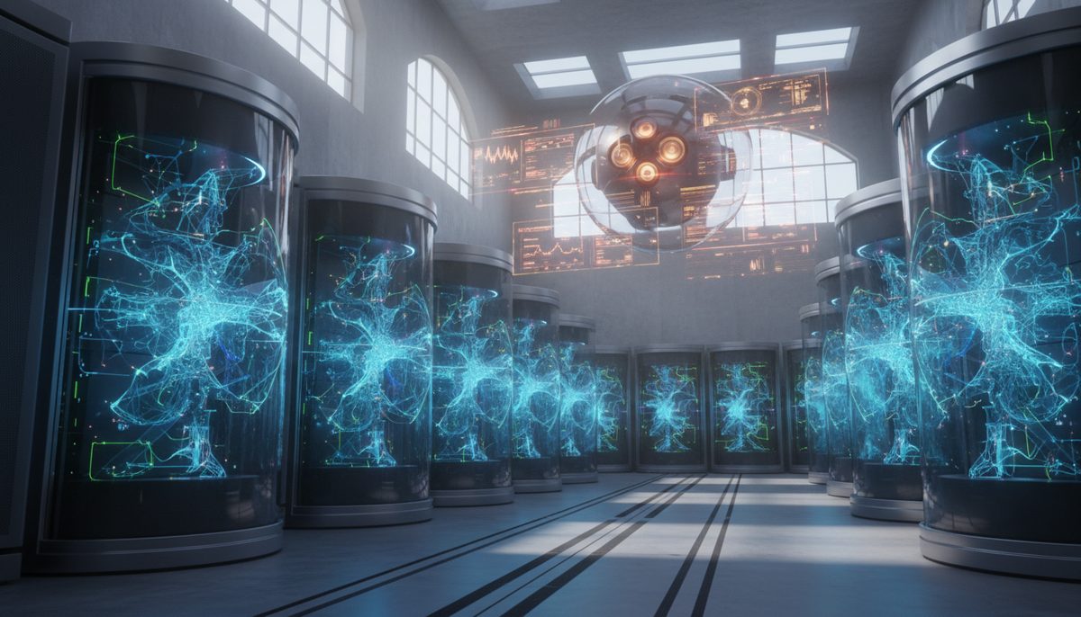Digital representation of secure AI agents within a contained environment, monitored by an independent system in a futuristic data center.