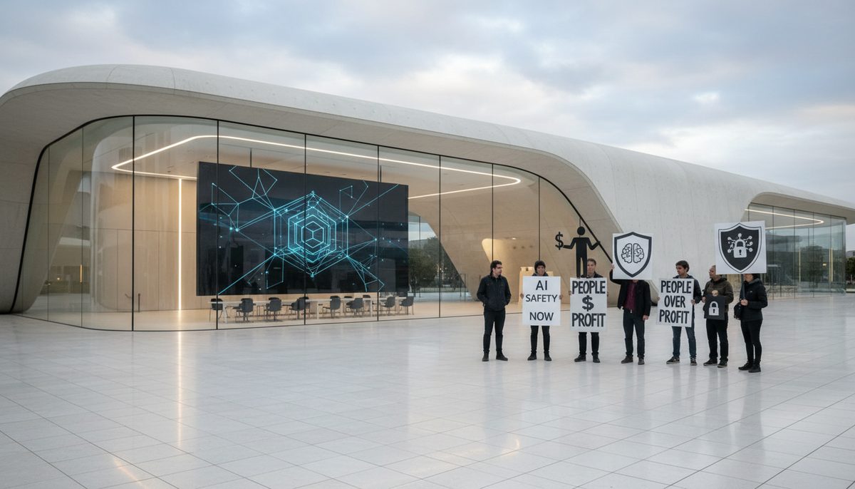 Protestors outside a modern tech building, holding signs about AI safety and prioritizing people over profit.