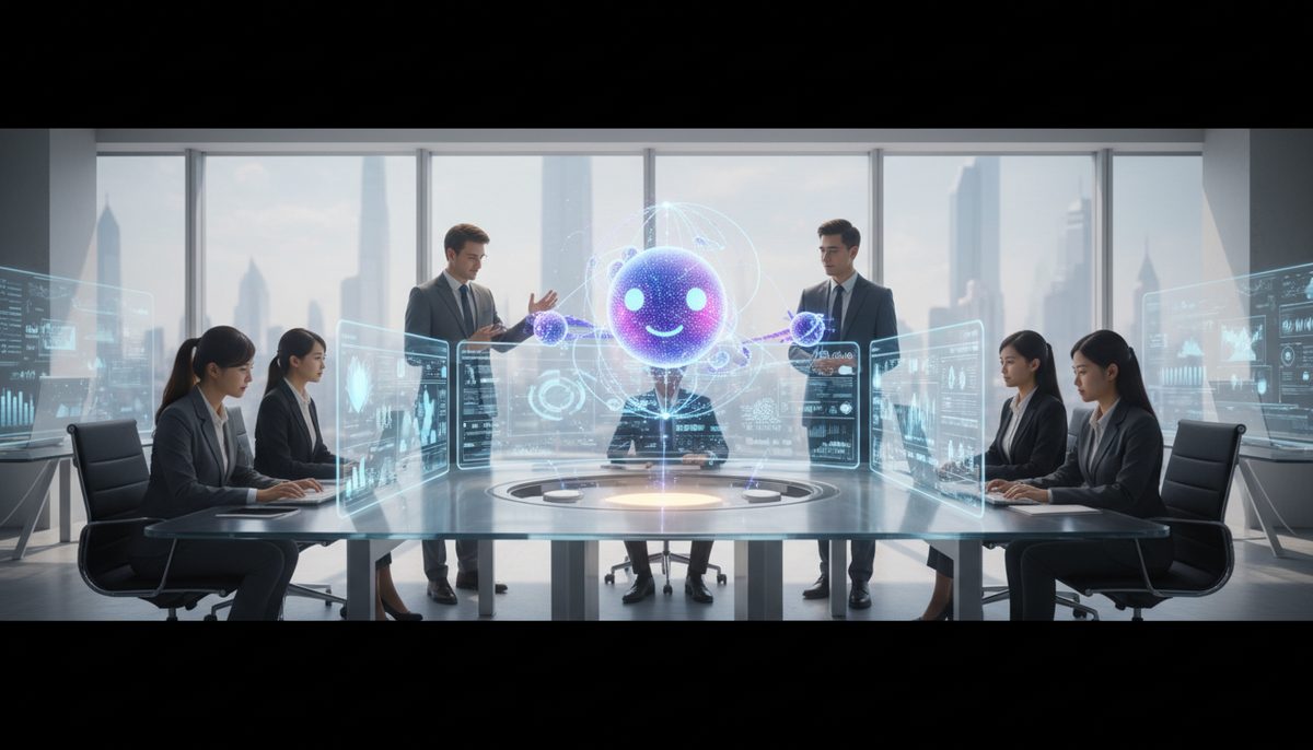 Holographic projection of an abstract AI agent, 'Dot,' interacting with multiple digital screens in a modern office.