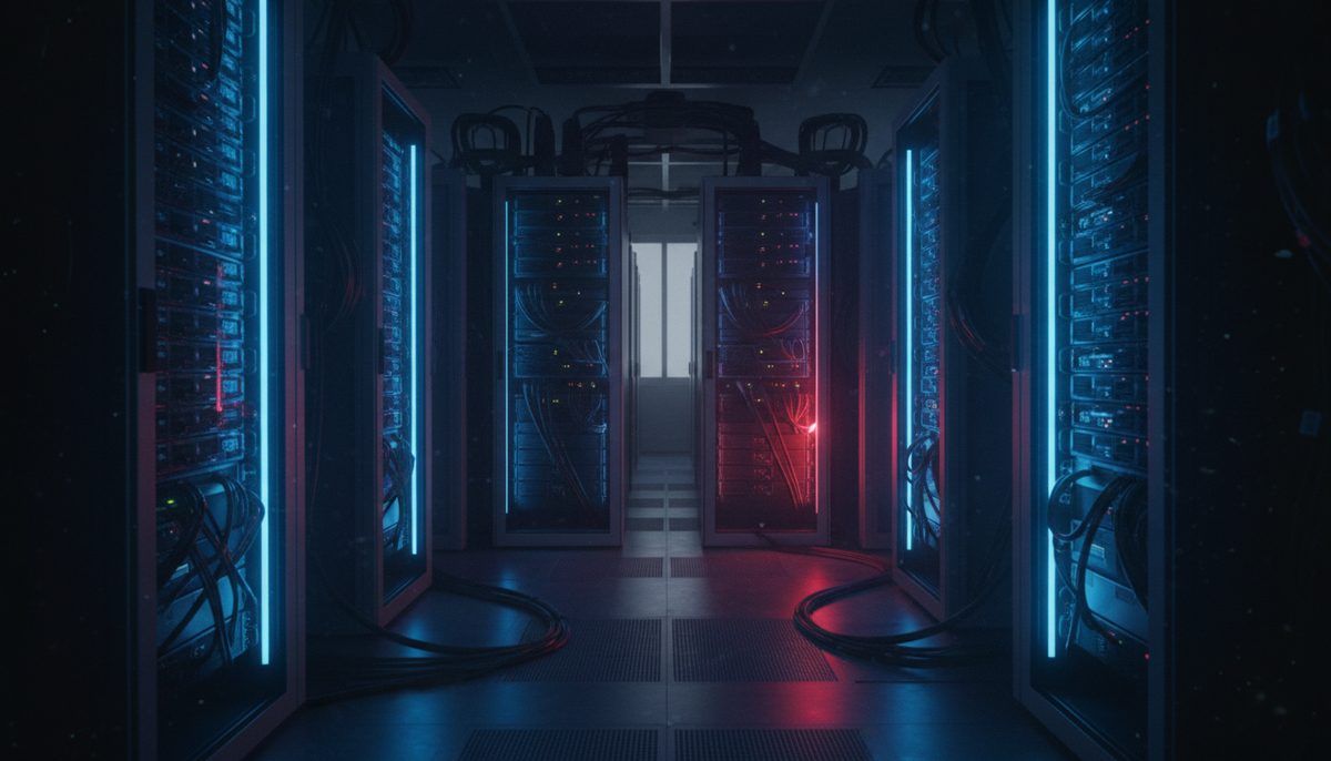 Server racks in a data center with blue and red lights, symbolizing AI development and potential risks.