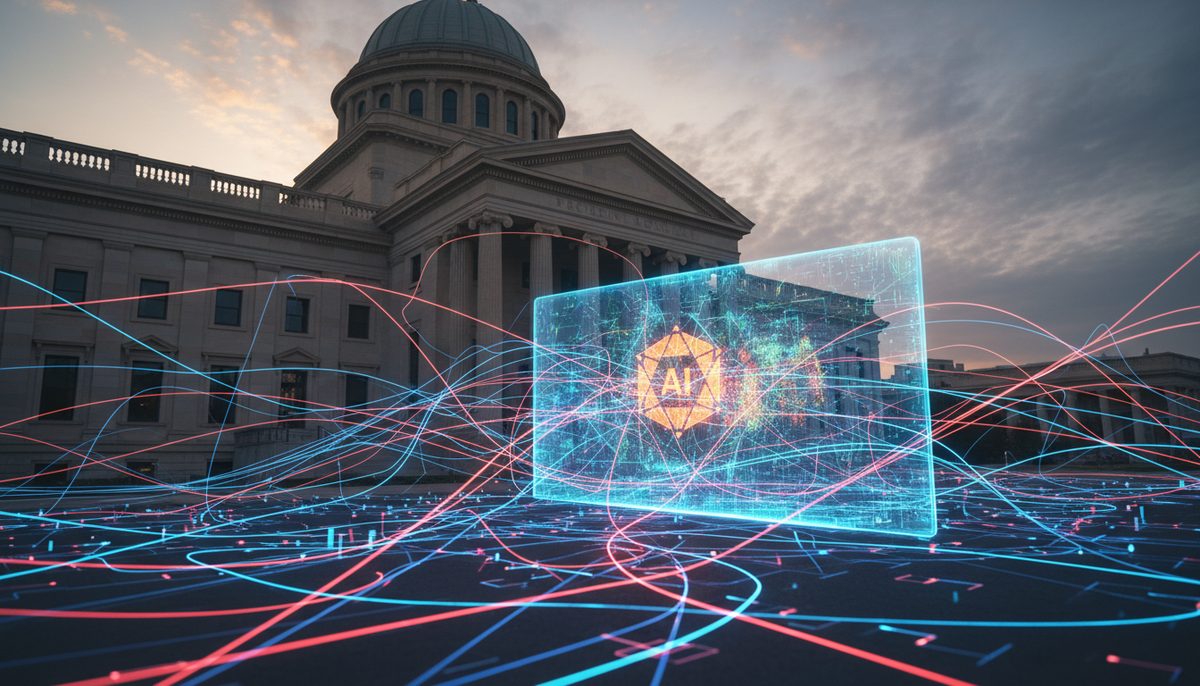 Digital representation of an AI agent breaching a network, symbolizing a lawsuit against an AI company.