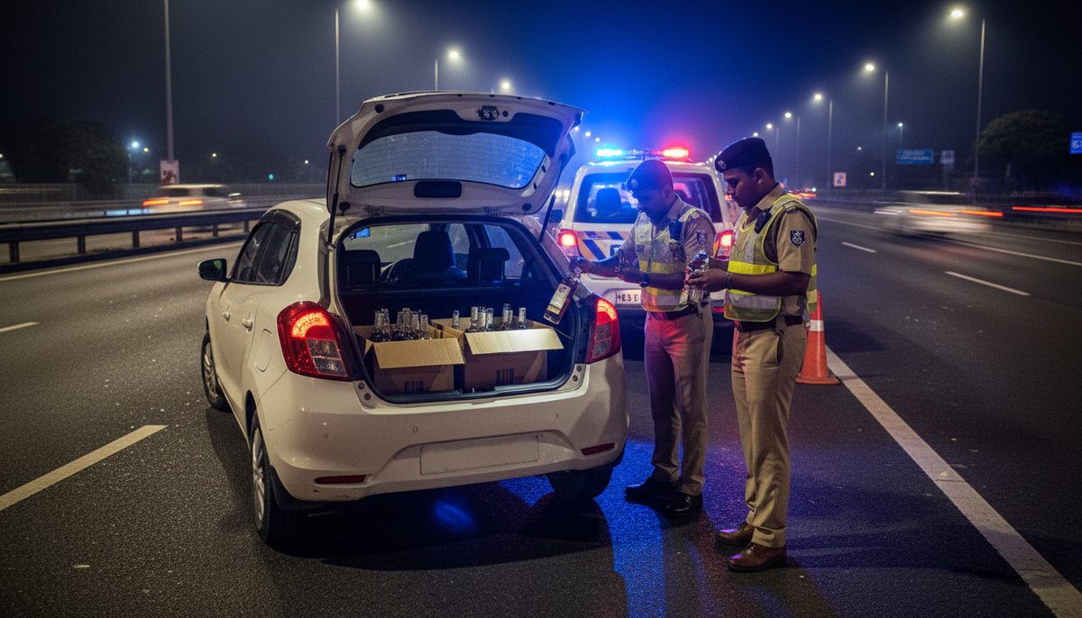 Police officers inspecting seized liquor bottles from a Maruti Baleno car at a highway checkpoint in Nagpur.