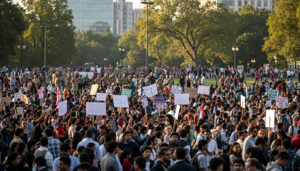 Large crowd protesting against electoral issues in an Indian city, with banners and police visible in the background.