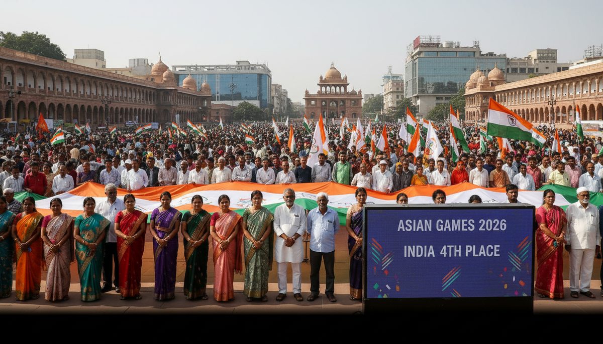 Crowd gathered for a 'Satyagraha' protest in an Indian city, with a digital display in the background showing India's fourth-place finish at the Asian Games 2026.