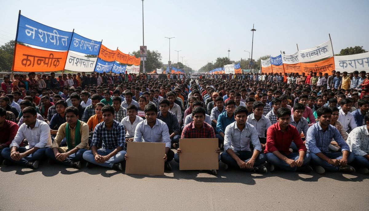 MPSC students protesting in Pune, with banners in Marathi, demonstrating against examination irregularities.