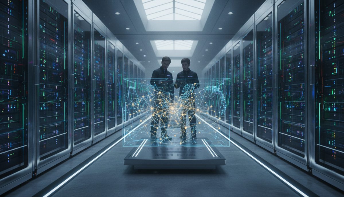 Illustration of a high-tech data center with glowing servers and a holographic neural network, symbolizing Reflection AI's Beam model.