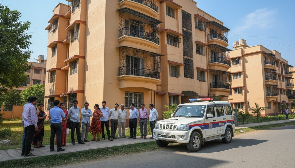 Police vehicle and citizens near a residential building in Nagpur after a robbery incident.