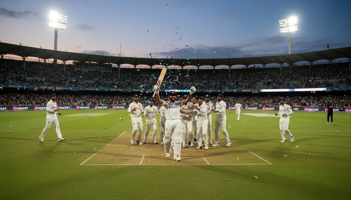 Indian batsman celebrating a significant milestone on a brightly lit cricket field during an ODI match.