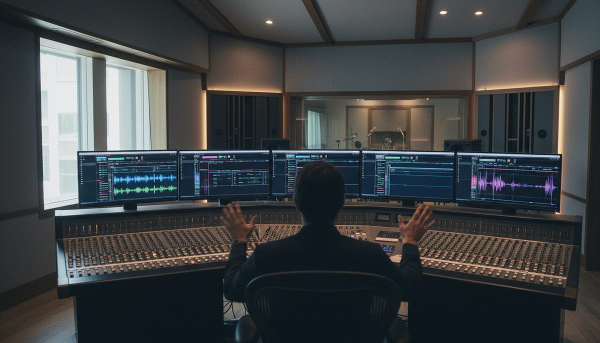 AI music creation software displayed on studio screens with a mixing board in the foreground.