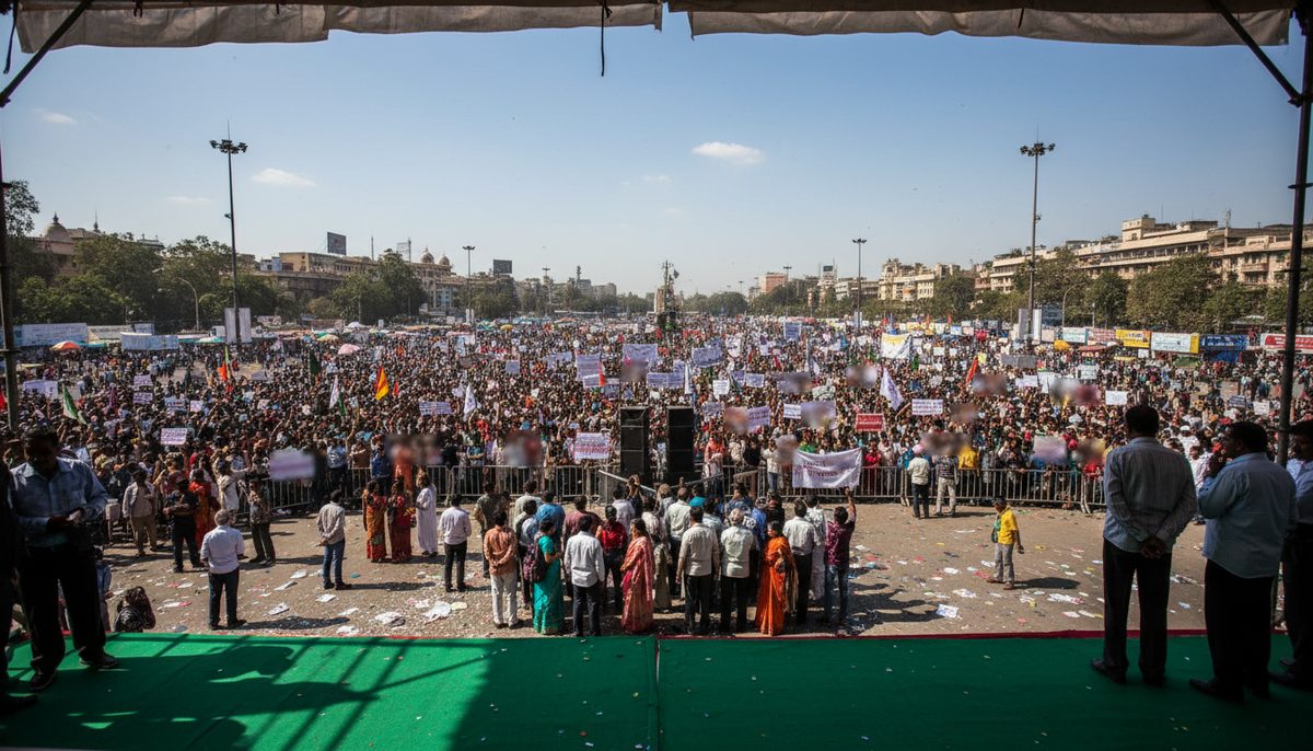 Political rally in an Indian city with crowds and banners, depicting nationwide protests and political discussions.