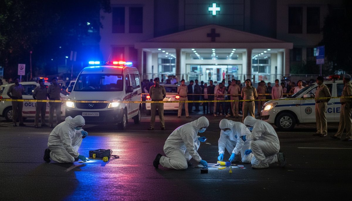 Police investigate a crime scene at night in Thane, Maharashtra, after the fatal attack on a local political leader.