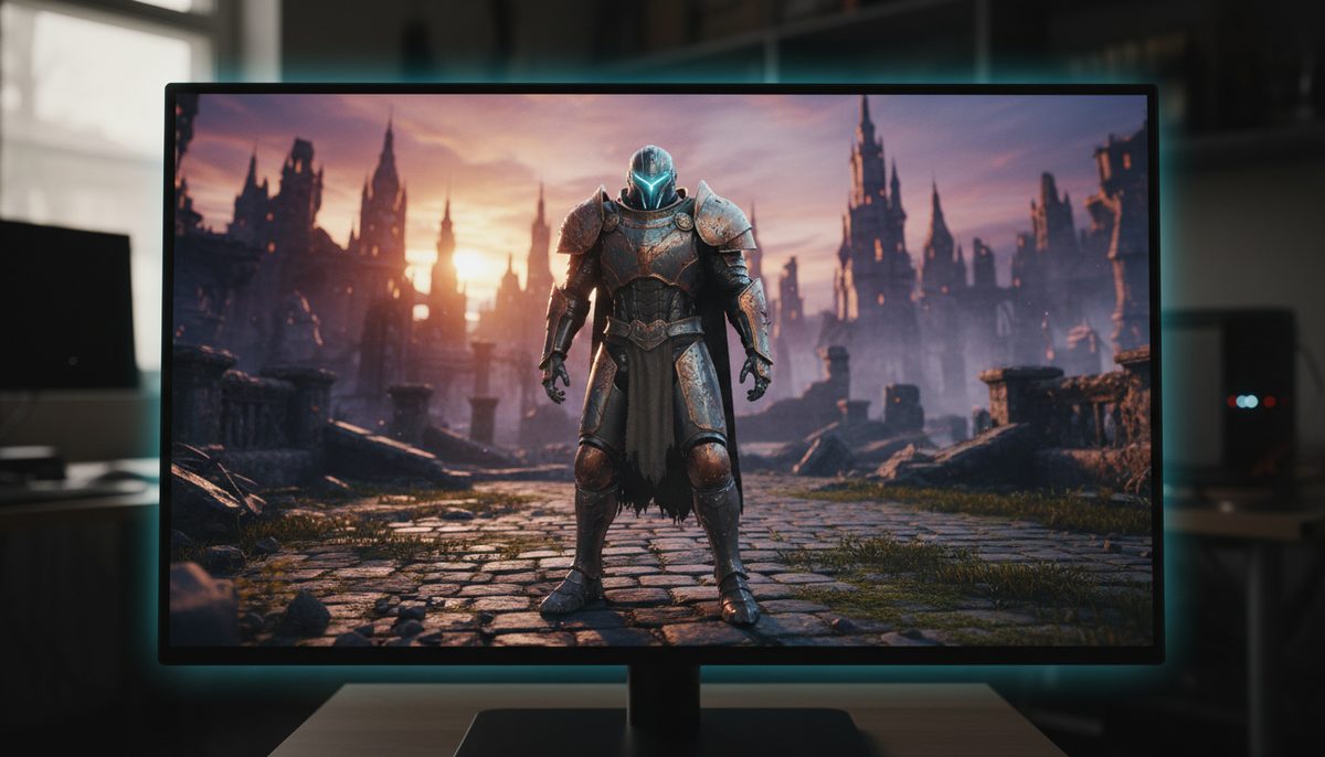 Enhanced video game graphics on a PlayStation 5 screen, demonstrating AI upscaling technology.