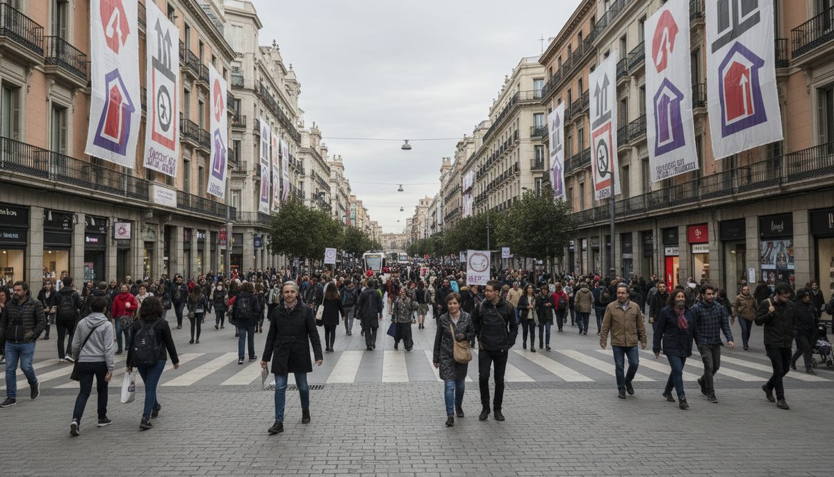 People walk past buildings in a Spanish city, with election posters and signs reflecting the housing crisis.