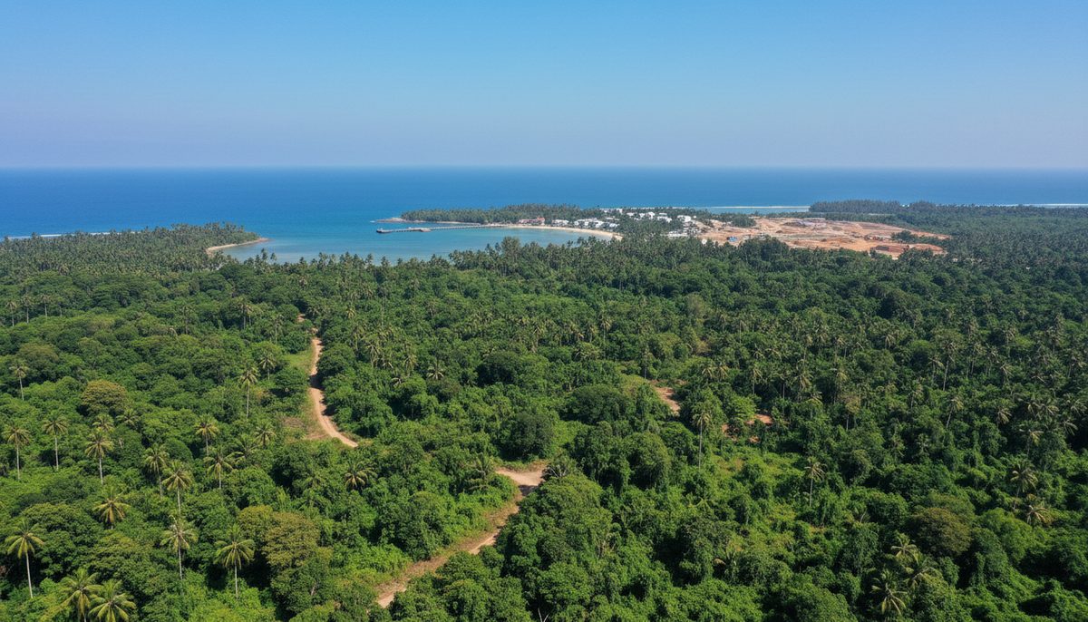 Lush tropical forest and coastline of Great Nicobar Island, with distant signs of a large infrastructure project.