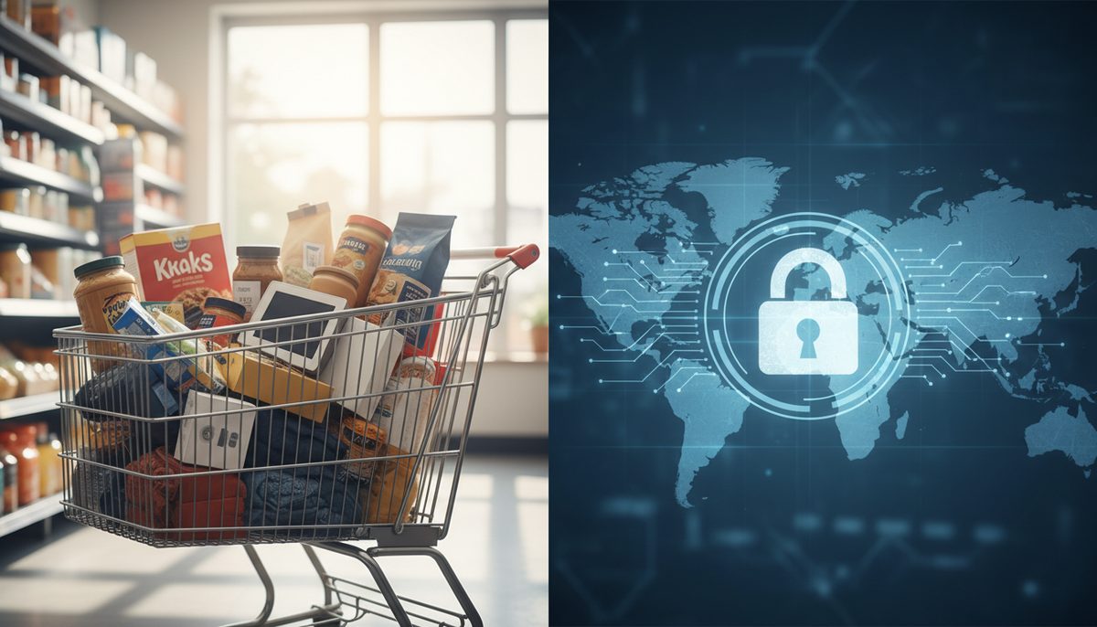 Illustration of retail shopping cart and digital security lock, representing consumer discounts and online protection.