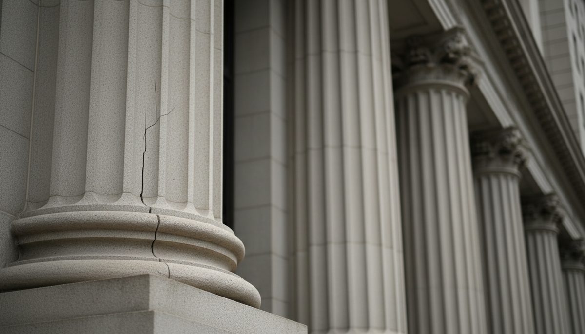 Cracked pillar of a corporate building, symbolizing governance issues within a large conglomerate.