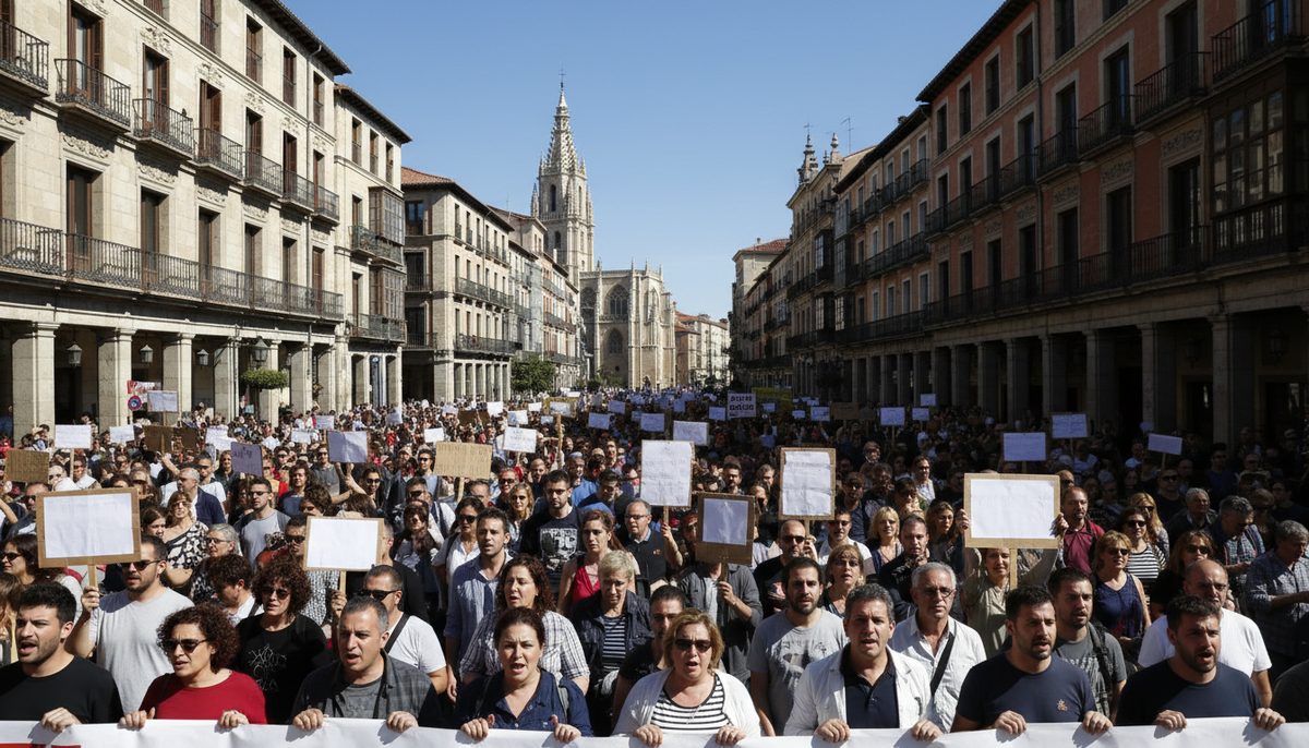 Tens of thousands protest in a Spanish city street with banners about housing, following failed government legislation.
