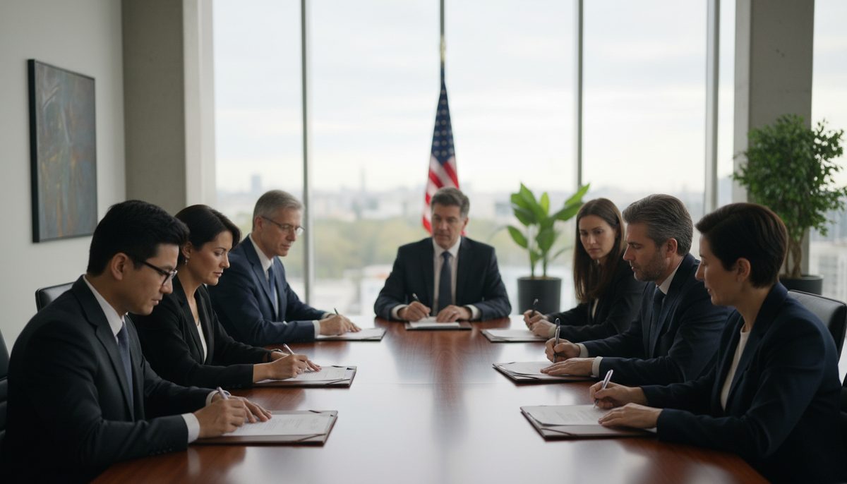 Tech leaders signing a document at a conference table, symbolizing a new era for AI under a rebrand.