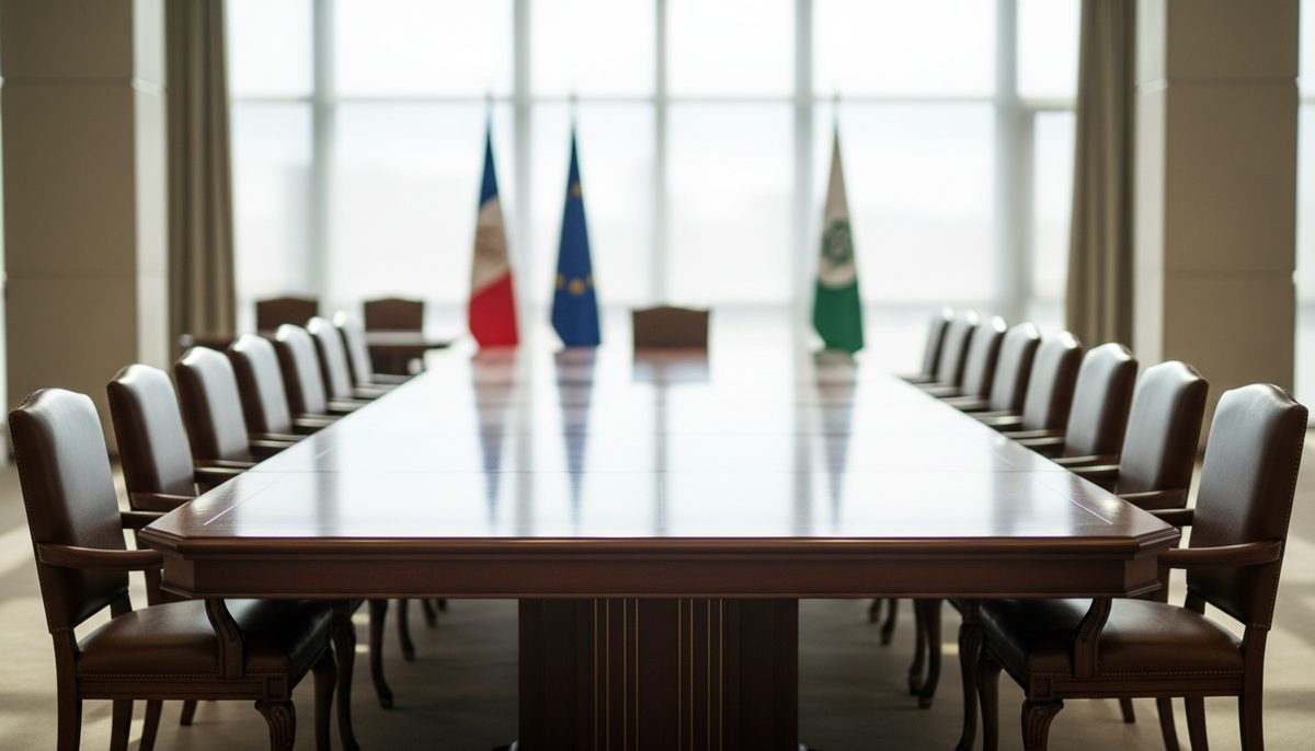 Diplomatic conference table set for peace talks between nations, symbolizing international mediation efforts.