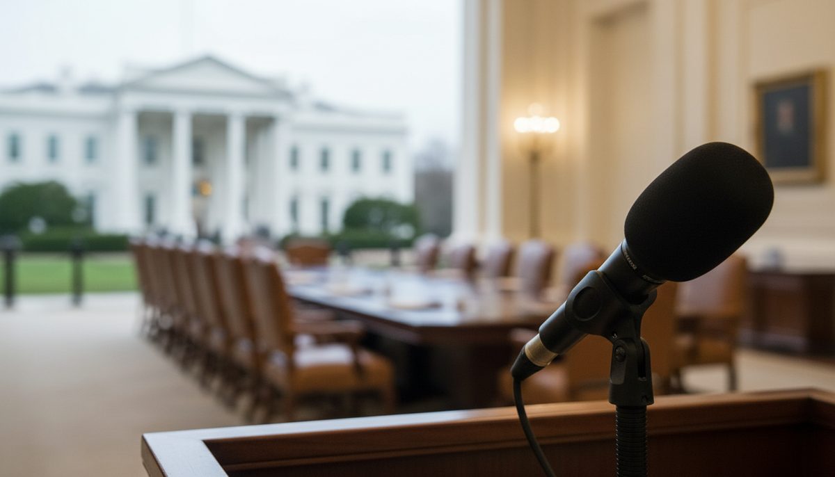 Microphone at a podium in a diplomatic setting, symbolizing a statement about US-China relations and arms sales.