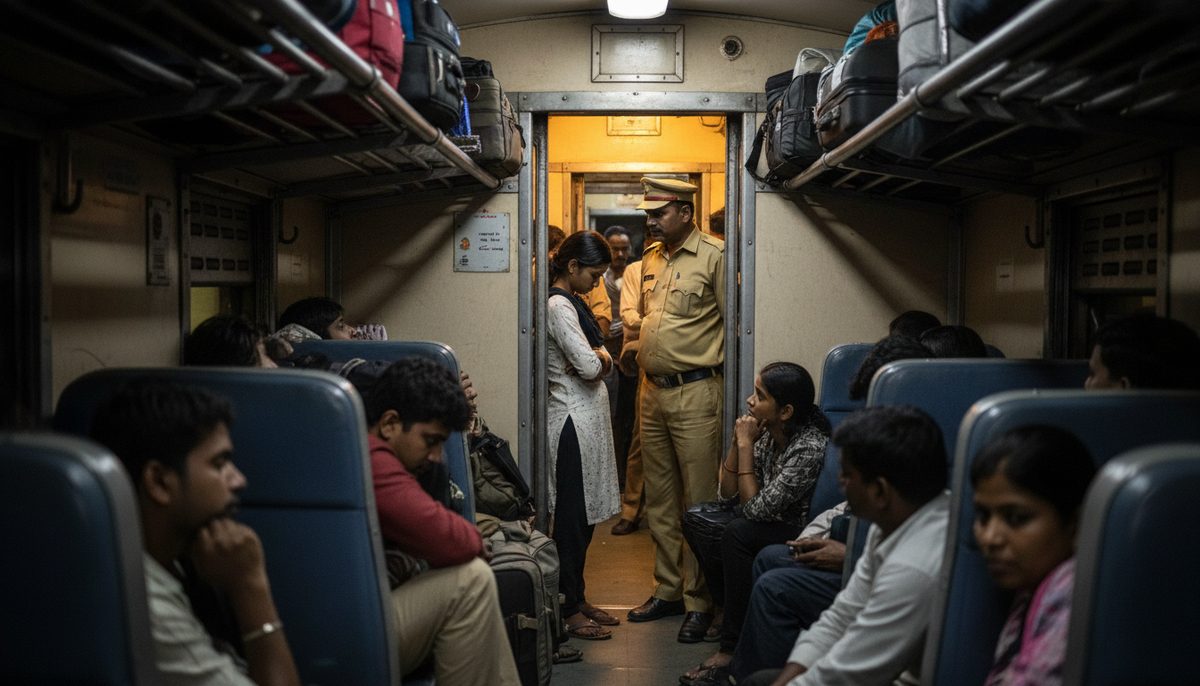 Distressed woman speaks to TTE in crowded Indian train, highlighting railway overcrowding issues.