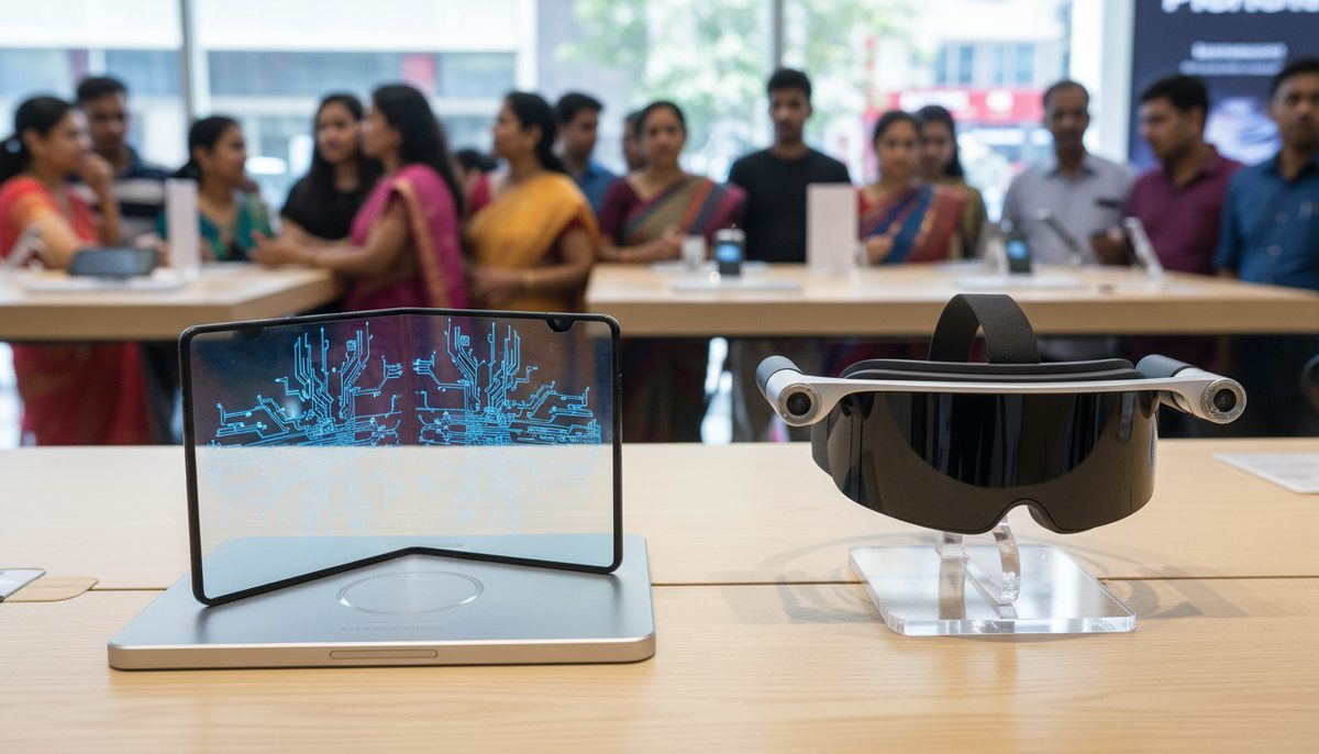 A foldable smartphone and MR headset on display in a modern Indian electronics store.