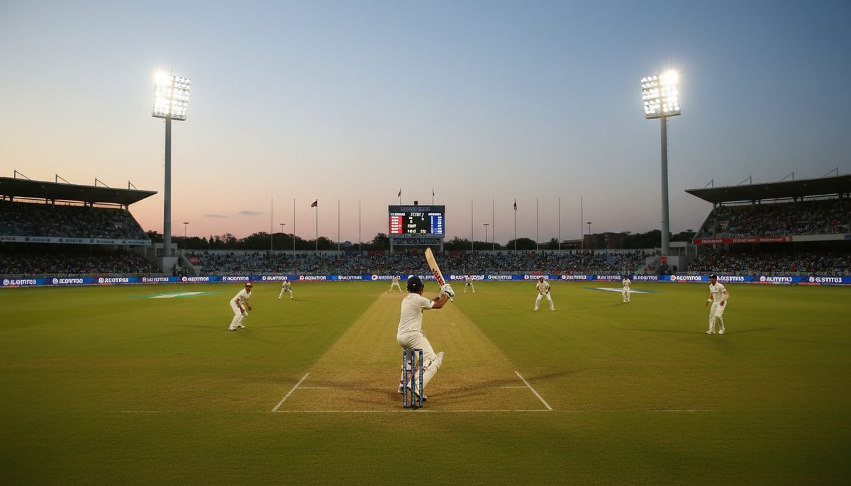 Cricket match in progress at a stadium, batsman playing a shot, score on display.