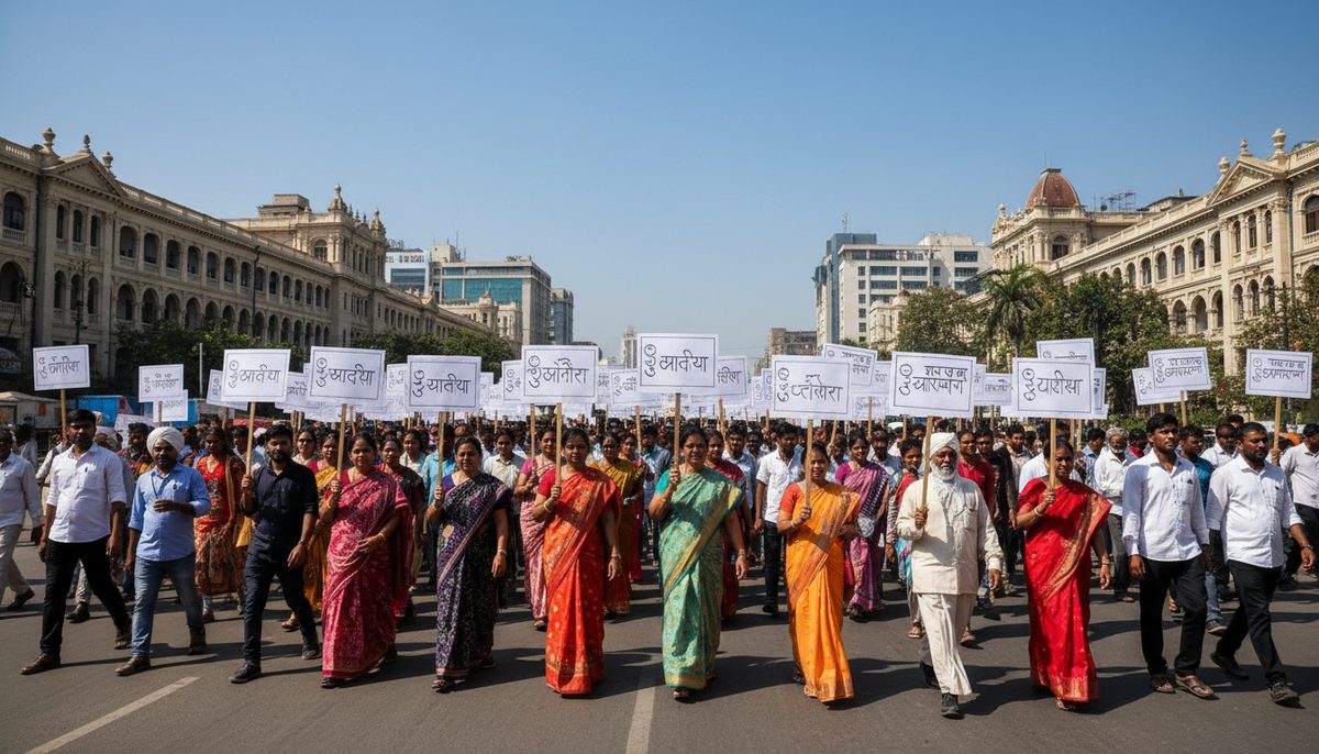 Diverse groups including Gen Z, women, and farmers protest on a street in Maharashtra.