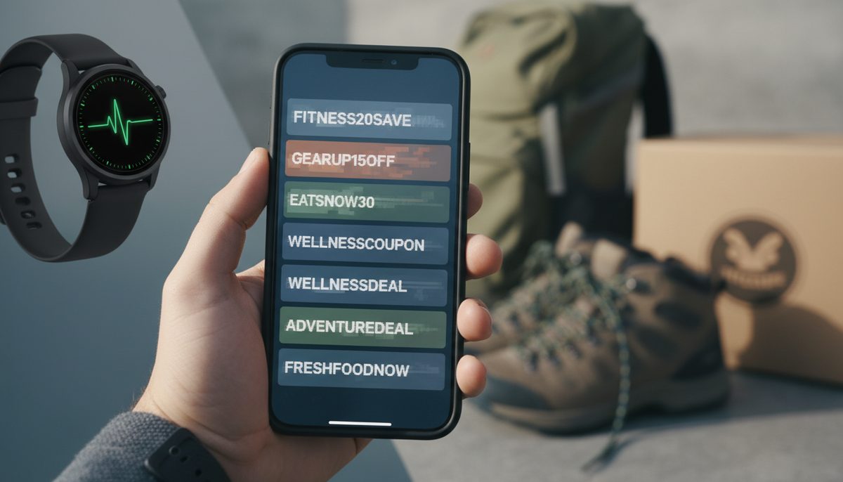Smartphone displaying various digital promo codes for fitness, travel, and food services, symbolizing consumer savings.